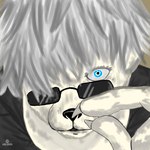 anthro black_eyewear black_glasses blue_eyes close-up eyewear fur glasses hair looking_at_viewer magic_eye male solo sunglasses white_body white_fur white_hair wolgren_matty jujutsu_kaisen gojo_satoru felid lion mammal pantherine 1:1 absurd_res hi_res