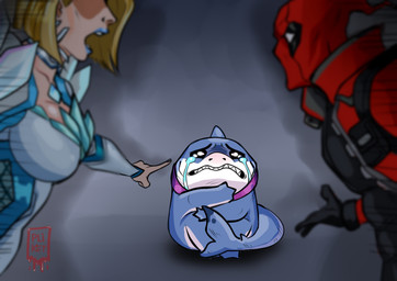 argument blonde_hair bodily_fluids crying female feral group hair humor male tears trio tazapliket furry_parents_fighting marvel marvel_rivals deadpool emma_frost jeff_the_land_shark fish human mammal marine shark absurd_res hi_res