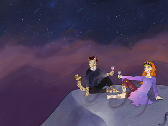 anthro clara(nohum) clothed clothing crown desert duo feet female headgear landscape male night nohum(nohum) persian_leopard sandstorm sky star starry_sky tail nohum amur_leopard felid feline human humanoid jaguar leopard mammal pantherine absurd_res hi_res