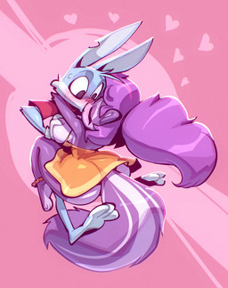 3_toes anthro big_breasts blue_body blue_fur blush bodily_fluids breast_grab breasts clothing duo eyes_closed feet female fingers fluffy fluffy_tail fur gloves hair hand_on_breast handwear heart_symbol interspecies kiss_on_lips kissing male notched_ear ponytail purple_body purple_fur red_clothing red_shirt red_t-shirt red_topwear shirt sweat sweatdrop t-shirt tail toes topwear bigdad tiny_toon_adventures tiny_toons_looniversity warner_brothers buster_bunny fifi_la_fume lagomorph leporid mammal mephitid rabbit skunk 2026