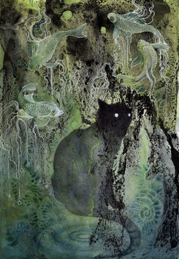 abstract_background ambiguous_gender black_body black_fur detailed_background feral fur glowing glowing_eyes group looking_back surrealism swimming water water_ripple white_eyes stephanie_law aquatic cyprinid cypriniform domestic_cat felid feline felis fish ghost goldfish mammal shadow_creature spirit green_theme