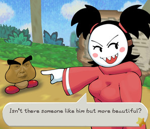 ambiguous_gender black_eyebrows black_eyes black_hair blue_sky blush blush_stickers breasts brown_body clothed clothed_female clothed_humanoid clothing cloud duo eyebrows eyelashes female female_humanoid gesture grass green_grass grey_text hair hand_gesture hooded_robe larger_female larger_humanoid looking_aside medium_breasts not_furry open_mouth open_smile outside path pink_blush plant pointing pointing_at_another question_mark red_clothing red_robe robe sharp_teeth shrub sign size_difference sky smaller_ambiguous smile speech_bubble teeth text thick_eyebrows tree white_body white_cloud white_mask white_skin genocityzone mario_bros nintendo paper_mario paper_mario_(2000) sadie_(genocity) shigeru_miyamoto bandit_(mario) goomba humanoid waddling_head 2025 digital_media_(artwork) english_text hi_res shaded