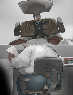anthro big_butt bodily_fluids bound brown_body brown_fur business_suit butt chair clothed clothing collared_shirt cuff_(restraint) desk dominant dominant_male dress_shirt duo facesitting fur furniture grey_body grey_fur humanoid_hands male male/male necktie nervous office_chair overweight overweight_male paper restraints shirt sitting_on_another size_difference slim smaller_male submissive submissive_male suit sweat table topwear moo2 bear canid canine canis domestic_dog mammal hi_res