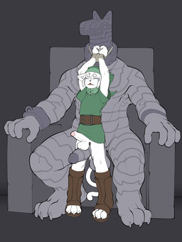 anthro balls balls_on_penis bdsm bodily_fluids bondage bound clothed clothed/nude clothing crying duo erection foreskin genitals hands_tied hanging_by_wrists humanoid_genitalia humanoid_penis male male/male nude partially_clothed penis sitting size_difference tears xenopera nintendo the_legend_of_zelda domestic_cat felid feline felis mammal hi_res