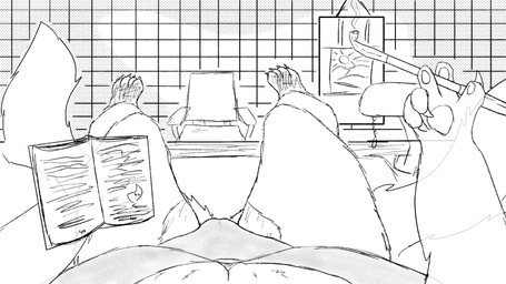 anthro big_breasts book bra breasts camel_toe clothing female female_pov first_person_view japanese_house paws reading reading_book relaxing smoking_pipe solo underwear reddkitsune mayumi_"maki"_kaiteki canid canine fox fox_spirit mammal 16:9 hi_res monochrome widescreen