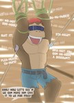 bottomwear bound clothed clothing denim denim_bottomwear denim_clothing denim_shorts dialogue eyewear laugh male shorts solo sunglasses text tickling topless deaathtraap donkey_kong_(series) nintendo funky_kong ape gorilla haplorhine mammal primate absurd_res english_text hi_res