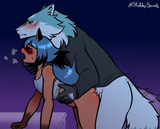 5_fingers ambiguous_penetration anthro anthro_on_anthro anthro_penetrated anthro_penetrating anthro_penetrating_anthro black_body black_fur black_hair blue_body blue_eyes blue_fur blue_hair blush bodily_fluids brown_body brown_fur clothed clothing duo eyes_closed female female_penetrated fingers fluffy fluffy_tail fur gloves gloves_(marking) hair handwear male male/female male_penetrating male_penetrating_female markings multicolored_body multicolored_fur multicolored_hair open_mouth penetration sex shirt simple_background sweat tail tank_top topwear white_body white_fur susuoro brand_new_animal studio_trigger michiru_kagemori shirou_ogami canid canine canis mammal raccoon_dog tanuki wolf 2020