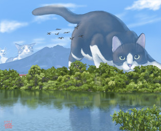 ambiguous_gender black_body black_fur black_tail blue_sky cloud day feral fur group lake macro mountain plant quadruped sky tail tree white_body white_fur matataku white_cat_(taku) ambient_bird domestic_cat felid feline felis mammal 2026 dated hi_res