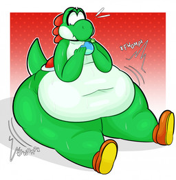 anthro belly belly_expansion black_eyebrows black_eyes blimp_fruit_(super_mario_galaxy_2) bodily_fluids border brown_clothing brown_footwear brown_shoes butt butt_expansion clothing expansion eyebrows footwear green_body green_tail looking_down looking_down_at_self male motion_lines multicolored_body navel obese obese_anthro obese_male onomatopoeia overweight overweight_anthro overweight_male red_background red_shell shell shoes simple_background sitting solo sound_effects sweat sweatdrop swelling tail text thick_thighs three-quarter_view two_tone_body two_tone_tail weight_gain white_body white_border white_tail blitzyflair mario_bros nintendo yoshi_(character) yoshi 2026 colored digital_media_(artwork) hi_res shaded