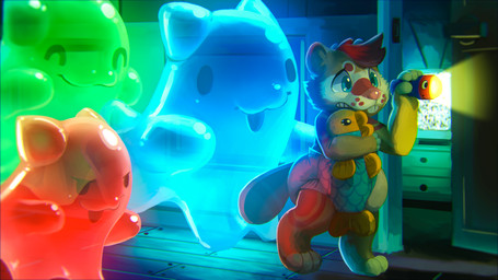 ambiguous_gender anthro biped blue_eyes buckteeth clean_diaper clothed clothing diaper flashlight fur group hair markings plushie red_body red_fur red_hair scared smile teeth wearing_diaper white_diaper young sexotheque kvikk_(littlekvikk) badger domestic_cat felid feline felis ghost mammal mustelid musteline spirit 16:9 2022 4k absurd_res digital_drawing_(artwork) digital_media_(artwork) hi_res widescreen