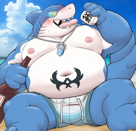 anthro blue_body blush bottle bottomwear bulge clothing cloud container drunk kemono male outside overweight overweight_male shorts sitting solo substance_intoxication swimwear tongue tongue_out white_body meg_hoi aquatic fish shark 2023