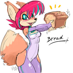 anthro armwear black_nose blue_eyes blush bread breasts cleavage clothed clothed_female clothing dipstick_tail elbow_gloves female food fur gloves hair handwear markings orange_body orange_fur pink_hair simple_background solo tail tail_markings tail_motion tailwag text white_background kiaun derideal canid canine fox mammal 1:1 2025 english_text hi_res