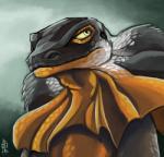 abstract_background black_body black_scales frill_(anatomy) looking_up male membrane_(anatomy) membranous_frill neck_frill orange_body orange_scales scales simple_background solo yellow_eyes commissar-k commissar-k_(character) agamid frilled_lizard lizard reptile scalie 2013 bust_portrait digital_media_(artwork) portrait signature