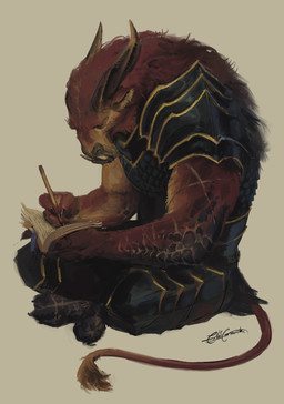 anthro armor black_armor black_body black_scales book claws concentrated crossed_legs fur gold_(metal) gold_armor horn male scales scar solo tail tired tusks writing_text eamonn_mccormick mythology paizo pathfinder baharos catfolk dragon felid hybrid lion mammal mythological_creature mythological_scalie pantherine scalie hi_res