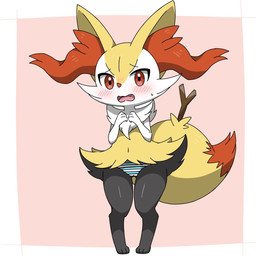 3_fingers 3_toes anthro arm_tuft big_tail biped black_body black_fur blush blush_lines bodily_fluids border bottomwear camel_toe cheek_tuft chest_tuft clothed clothing cute_fangs digitigrade dipstick_tail embarrassed eyebrows facial_tuft fangs feet female female_anthro fingers flat_chested front_view fur geometric_background glistening_thighs hands_together hip_tuft inner_ear_fluff knock-kneed looking_at_viewer markings multicolored_body multicolored_fur navel object_in_tail open_mouth orange_body orange_eyes orange_fur orange_inner_ear_fluff orange_nose orange_tail_tip panties pattern_bottomwear pattern_clothing pattern_panties pattern_underwear pink_background pointy_ears prick_ears pseudo_clothing raised_inner_eyebrows shoulder_tuft simple_background solo standing stick stick_in_tail striped_bottomwear striped_clothing striped_panties striped_underwear stripes sweat sweatdrop tail tail_markings teeth toes tongue topless topless_anthro topless_female tuft two_tone_tail underwear white_body white_border white_fur yellow_body yellow_fur yellow_tail young young_anthro young_female noye nintendo pokemon braixen canid generation_6_pokemon mammal pokemon_(species) 1:1 2026 cel_shading colored digital_drawing_(artwork) digital_media_(artwork) full-length_portrait hi_res portrait shaded