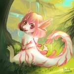 anthro blush clover_(plant) detailed_background digitigrade female fur hair kemono looking_at_viewer nude paws plant smile soft_lighting solo tail tree waterfall double_slime miri_(double_slime) amphibian marine salamander scalie