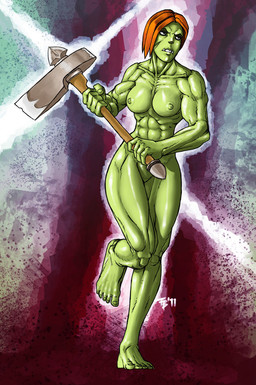 abs axe biceps breasts female genitals green_nipples melee_weapon muscular muscular_female muscular_humanoid nipples not_furry nude nude_female nude_humanoid running solo vulva warrior weapon unknown_artist humanoid orc 2011