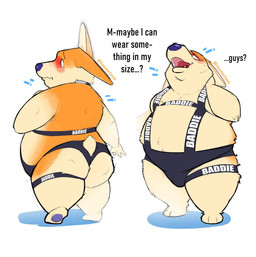 anthro belly blush butt clothed clothing dialogue front_and_back front_view harness looking_back male one_piece_suit overweight overweight_male rear_view rubbing_neck short short_male skimpy solo stuttering text text_on_clothing thigh_strap chancellorchomb baddie_clothing meme_clothing chance_(chancellorchomb) canid canine canis domestic_dog herding_dog mammal pastoral_dog welsh_corgi 2024 english_text full-length_portrait hi_res meme portrait nonbinary_(lore)