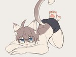 2024 4:3 4_toes anthro biped blue_eyes boxers_(clothing) boxers_only brown_body brown_fur clothed clothing domestic_cat eyewear eyewear_on_head feet felid feline felis fur glasses glasses_on_head hi_res jack-o'_pose looking_at_viewer male mammal pose pureolliebranch raised_tail slim_anthro slim_male solo tail toes tongue tongue_out topless underwear underwear_only white_body white_fur