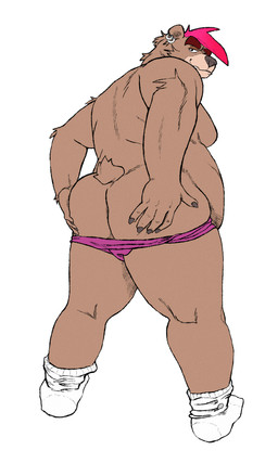 anthro brown_body brown_fur butt clothed clothing ear_piercing ear_ring footwear fur hair male overweight overweight_male partially_clothed piercing red_hair ring_piercing socks solo tail underwear underwear_down white_clothing white_footwear white_socks jenokamui bear mammal 3:5 hi_res