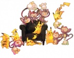 ambiguous_gender black_eyes brown_eyes chair cleft_tail eyes_closed fur furniture group handstand looking_at_viewer on_one_hand one_eye_closed simple_background tail tail_hand unusual_anatomy unusual_tail white_background yellow_body yellow_fur todot nintendo pokemon aipom generation_1_pokemon generation_2_pokemon mammal pikachu pokemon_(species) rodent