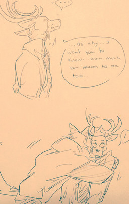 anthro antlers bodily_fluids clothed clothing comforting crying dialogue duo eyes_closed fully_clothed horn hug male male/male surprised tears text wide_eyed wuffinarts beastars legoshi_(beastars) louis_(beastars) canid canine canis cervine deer mammal red_deer wolf english_text hi_res