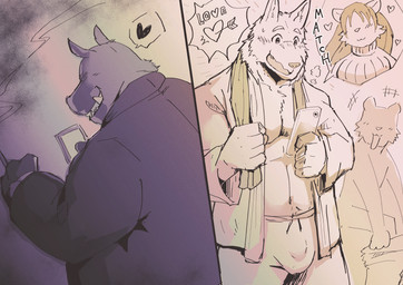 anthro blush bottomwear bulge cellphone cigarette clothing detailed_bulge duo electronics evil_grin grin happy holding_cellphone holding_object holding_phone male male/male muscular muscular_male open_mouth open_smile overweight pants phone smile text inui_j_isohata canid canine canis mammal wolf comic english_text monochrome multiple_scenes