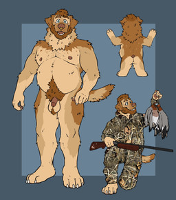 anthro ball_tuft balls beard belly blue_eyes brown_body brown_fur brown_hair camo camo_clothing camo_print clothing corpse facial_hair facial_piercing flaccid fur genitals group hair humanoid_genitalia humanoid_penis hunting looking_at_viewer male male_anthro nipples nose_piercing nose_ring nude nude_anthro nude_male open_mouth open_smile overweight overweight_anthro overweight_male pattern_clothing penis piercing pink_penis pubes rear_view ring_piercing sitting smile solo_focus standing tail tan_body tan_fur teeth tongue tuft labradorszn whiskey_(labradorszn) avian bird canid canine canis domestic_dog mammal 2024 hi_res model_sheet