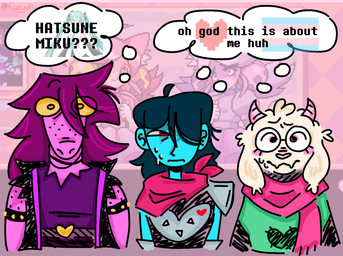2_horns ambiguous_gender ambiguous_human anthro biped black_hair blue_body blue_skin bodily_fluids clothed clothing eyewear female female_anthro floppy_ears fluffy front_view fur glasses group hair hair_over_eye heart_symbol horn inner_monologue lgbt_pride male male_anthro pink_body pink_eyes pink_hair pink_horn pink_scales pride_colors red_eyes scales scarf screencap screencap_background short_hair side_by_side snout surprised sweat sweatdrop text thinking thought_bubble transgender_pride_colors trio wearing_glasses white_body white_fur wide_eyed yellow_sclera faeyuh deltarune undertale_(series) vocaloid yamaha_corporation hatsune_miku kris_dreemurr pink_(deltarune) ralsei susie_(deltarune) bovid caprine darkner goat human mammal scalie soul_(undertale) 2026 digital_drawing_(artwork) digital_media_(artwork) english_text half-length_portrait hi_res portrait signature nonbinary_(lore) trans_(lore) trans_woman_(lore)