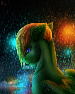 blonde_eyebrows blonde_mane blue_eyes closed_frown ear_tuft eyebrows feathered_wings feathers feral frown fur green_body green_fur green_wings head_tilt light male male_feral mane mouth_closed night outside raining short_mane sign solo text tuft water wet wet_body wet_fur wet_mane wings rayrage hasbro my_little_pony mythology fan_character equid equine mammal mythological_creature mythological_equine pegasus 2020 artist_name bust_portrait colored detailed digital_media_(artwork) digital_painting_(artwork) english_description lighting painting_(artwork) portrait shaded