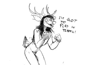 anthro antlers biped casual_nudity dialogue excited eyewear genitals glasses horn male male_anthro nude nude_anthro nude_male penis scut_tail short_tail solo tail text three-quarter_view hladilnik marylin_(hladilnik) deer mammal 2025 black_and_white english_text handwritten_text hi_res monochrome sketch