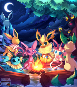 ambiguous_gender candy cloud crescent_moon daww dessert detailed_background feral fire food fur group leaf log marshmallow moon night open_mouth open_smile plant sitting sky smile star starry_sky tail tree tuft wood kaleido-art nintendo pokemon canid eeveelution espeon flareon generation_1_pokemon generation_2_pokemon generation_4_pokemon generation_6_pokemon glaceon jolteon leafeon mammal pokemon_(species) sylveon umbreon vaporeon 2018 absurd_res hi_res