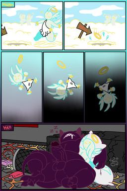 2_toes balls barefoot belly bodily_fluids body_pillow bracelet claws clothing cloud comic_panel drooling duo eyes_closed falling feathered_wings feathers feet genitals halo head_tuft head_wings horn jewelry lava lube_bottle male nude overweight overweight_male penis pillow purple_body saliva sharp_teeth shocked sign sky sleeping tail teeth text tissue tissue_box toes toga trash_can tuft unusual_wing_placement used_tissue vein veiny_penis white_body wings toni_oni angie_(toni_oni) damon_(toni_oni) angel demon comic hi_res signature