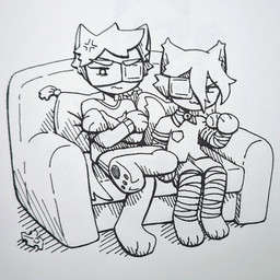 angry anthro bandage bandaged_arm bandaged_leg duo eye_patch eyewear furniture male sofa 90percentdenny 90_percent_studios drawtober purrfect_apawcalypse patches_ito sparky_fritz canid canine canis domestic_cat domestic_dog felid feline felis mammal 1:1 2022 hi_res