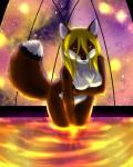 anthro belly black_lips black_nose blonde_hair breasts chest_tuft covering covering_breasts covering_self female fur green_eyes hair lips looking_at_viewer nude red_body red_fur solo tuft white_belly white_body white_fur foxene foxene_(character) canid canine fox mammal 2017 digital_media_(artwork) hi_res