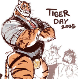anthro anthro_on_anthro barazoku beard big_bulge big_muscles bodily_fluids bulge butt clothing collared_shirt crossed_arms dress_shirt ear_piercing ear_ring facial_hair fur group hair hat headgear headwear huge_muscles jockstrap kemono looking_at_another looking_at_viewer male male/male muscular muscular_anthro muscular_male narrowed_eyes necktie open_mouth open_smile piercing ring_piercing scar shirt simple_background smile solo_focus standing sweat sweatdrop teeth text thick_arms thick_thighs topwear trio tuft underwear vest whiskers white_background tora_gy epic_games fortnite international_tiger_day oscar_(fortnite) wendell_(fortnite) canid canine canis felid mammal pantherine tiger wolf 2025 colored colored_sketch english_text hi_res signature sketch
