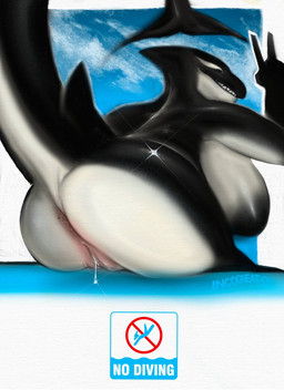 anthro anus areola big_areola big_breasts birthmark black_body black_nipples blush bodily_fluids body_blush breasts butt curvy_figure dripping female genital_fluids genitals gesture hand_gesture huge_areola huge_breasts inverted_nipples markings multicolored_body nipples nude pink_anus poolside presenting presenting_hindquarters raised_tail sharp_teeth sitting slightly_chubby smile solo tail teeth two_tone_body v_sign vaginal_fluid_drip vaginal_fluids voluptuous vulva vulva_blush warning_sign white_body incogneat-o aquatic cetacean dolphin mammal oceanic_dolphin orca toothed_whale 2023 hi_res