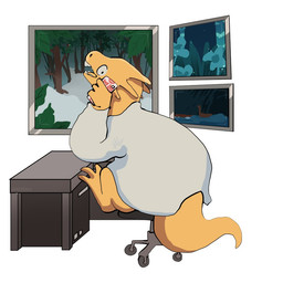 anthro barefoot buckteeth clothed clothing coat desk electronics feet female furniture lab_coat looking_at_viewer looking_back monitor open_mouth open_smile simple_background sitting smile solo stool table tail teeth thick_tail topwear video_recording mgdeerla undertale undertale_(series) alphys lizard reptile scalie 1:1