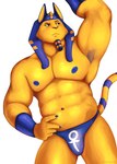 abs ankh anthro armpit_hair barazoku big_muscles blue_nipples body_hair bulge claws clothing crossgender egyptian eyebrows ftm_crossgender hand_on_hip headdress male muscular muscular_anthro muscular_male navel nipples pecs simple_background solo standing thong underwear white_background yellow_body nastybearz animal_crossing nintendo ankha_(animal_crossing) domestic_cat felid feline felis mammal 2021 absurd_res hi_res