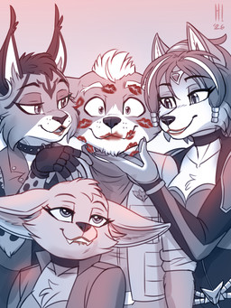 after_kiss anthro anthro_on_anthro bite biting_lip breasts chest_tuft clothed clothed_anthro clothed_female clothed_male clothing collar female fur group hair hero_worship holidays kiss_mark kiss_mark_on_face kiss_marks_all_over lipstick makeup male male/female red_lipstick smile tuft heresy_(artist) nintendo star_fox valentine's_day fara_phoenix fox_mccloud krystal_(star_fox) miyu_(star_fox) canid canine felid feline fennec_fox fox lynx mammal true_fox 2026 3:4 hi_res signature