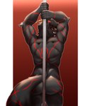 absurd_res anthro butt digital_media_(artwork) grin hair hi_res horn hybrid looking_at_viewer male muscular muscular_anthro muscular_male nude nyanhan pole simple_background skarlax smile solo stripper_pole tail