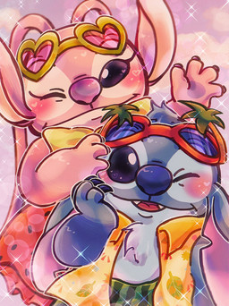 aloha_shirt antennae_(anatomy) antennae_markings anthro biped blue_body blue_claws blue_fur blue_nose blush canon_couple chest_tuft claws clothed clothing dress duo ears_down eyewear eyewear_on_head female finger_claws fur gesture glasses hand_on_face head_tuft heart_glasses heart_symbol long_antennae looking_at_viewer male markings notched_ear one_eye_closed open_clothing open_mouth open_shirt open_smile open_topwear pattern_clothing pattern_shirt pattern_topwear pawpads pink_body pink_fur pivoted_ears purple_claws purple_markings purple_nose purple_pawpads shirt smile smiling_at_viewer sparkles sunglasses sunglasses_on_head topwear tuft waving waving_at_viewer wink winking_at_viewer mochigome_(pixiv_112967981) disney lilo_and_stitch angel_(lilo_and_stitch) stitch_(lilo_and_stitch) alien experiment_(lilo_and_stitch) 2025 absurd_res hi_res japanese_description