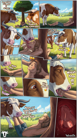 5_fingers 5_toes ambiguous_gender ambiguous_pred bestiality bodily_fluids bottomwear clothed clothing dialogue eyes_closed feet feral feral_pred fingers foot_fetish foot_sniffing fur grass group hair hands_behind_head human_on_feral human_prey internal interspecies licking licking_another licking_partner male male_prey open_mouth oral_vore partially_inside plant plantigrade saliva saliva_on_tongue saliva_string shorts size_difference sleeping sniffing soles suspenders tail teeth text toes tongue tongue_out topless topless_human topless_male tree trio vore ward0r bovid bovine cattle human mammal absurd_res comic digital_media_(artwork) english_text hi_res