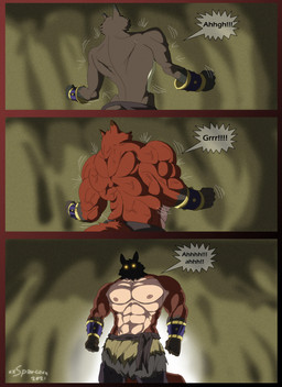 abs anthro armor big_muscles bottomwear bracers cave clothing fur glowing glowing_eyes growth huge_muscles male multicolored_body multicolored_fur muscle_growth muscular muscular_anthro muscular_male pecs red_body red_fur resurrection solo speech_bubble text two_tone_body two_tone_fur vein veiny_muscles xxsparcoxx acarius_medjay teofacio_larna canid canine fox mammal red_fox true_fox undead 2021 comic digital_media_(artwork) english_text hi_res