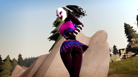5_fingers alternate_form big_breasts big_butt black_body black_hair black_skin bottomwear breasts butt cheerleader clothed clothing cloud female fingers glowing glowing_eyes hair hand_on_breast lips long_hair long_legs long_torso looking_at_viewer looking_back mask not_furry outside pigtails ponytail purple_eyes skirt sky small_head small_waist solo surprised thigh_gap upskirt wind uwotinfokm8 disembowell_(modeler) five_nights_at_freddy's five_nights_at_freddy's_2 lollipop_chainsaw scottgames juliet_starling marionette_(fnaf) humanoid mammal 16:9 3d_(artwork) digital_media_(artwork) hi_res source_filmmaker_(artwork) widescreen