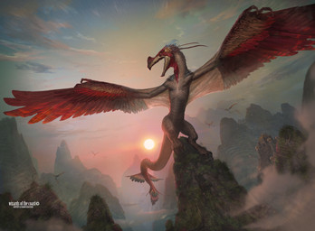 ambiguous_gender claws cloud day detailed_background feathers feral mountain open_mouth outside red_body red_feathers solo spread_wings standing sun tail text wings johann_bodin hasbro magic:_the_gathering wizards_of_the_coast dinosaur feathered_dinosaur feathered_scalie prehistoric_species reptile scalie english_text official_art