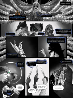 ambiguous_gender anthro beads body_horror bone dagger dialogue female gag gagged gold_(metal) group jewelry male mask melee_weapon missing_eye prayer_beads skeleton text weapon wearing_mask wounded tyunre full_metal_jacket nafisa_vharr_antrelys bovid canid caprine mammal 3:4 black_and_white comic english_text hi_res monochrome