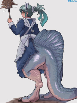 biped bipedal_taur clothed clothed_taur clothing eyewear female glasses holding_duster horn looking_back maid_headdress maid_uniform pointy_ears rear_view solo uniform tlto1910 mythology dragon dragon_taur mythological_creature mythological_scalie scalie taur absurd_res hi_res signature