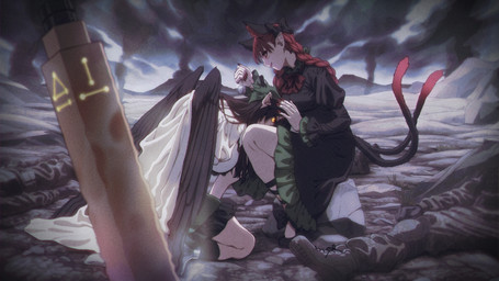 2_tails accessory ambiguous_gender black_clothing black_dress black_hair black_wings blurred_background bodily_fluids bottomwear bow_ribbon braided_hair cape clothing colored_nails corpse dog_tags dress duo_focus feathered_wings feathers female female_focus fingernails frilly frilly_bottomwear frilly_clothing frilly_dress frilly_skirt glowing glowing_eyes green_bottomwear green_clothing green_skirt group hair hair_accessory hair_bow hair_ribbon hand_on_another's_head hand_on_head head_between_thighs heat_haze holding_dog_tags holding_object humanoid_focus humanoid_pointy_ears long_fingernails multi_ear multi_tail nails orange_eyes pigtails pointy_and_animal_ears pointy_ears pupils red_eyes red_fingernails red_hair red_nails ribbons sharp_fingernails sharp_nails shirt sitting skirt slit_pupils smoke sweat tail topwear twin_braids twintails_(hairstyle) white_cape white_clothing white_shirt white_topwear wings ultragruntyy asian_mythology east_asian_mythology japanese_mythology mythology touhou rin_kaenbyou utsuho_reiuji animal_humanoid avian avian_humanoid cat_humanoid felid felid_humanoid feline feline_humanoid human humanoid mammal mammal_humanoid nekomata winged_humanoid yokai absurd_res hi_res