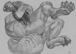 anthro armband back_muscles biped butt claws feet foreshortening hands_behind_head low-angle_view male muscular muscular_anthro muscular_male nude open_mouth raised_arms simple_background soles solo spiked_armband spikes tail toe_claws atlchirico gecko lizard reptile scalie graphite_(artwork) greyscale hi_res monochrome traditional_media_(artwork)